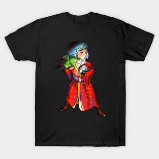 Beautiful sorcerer with glowing d20 and baby dragon T-Shirt